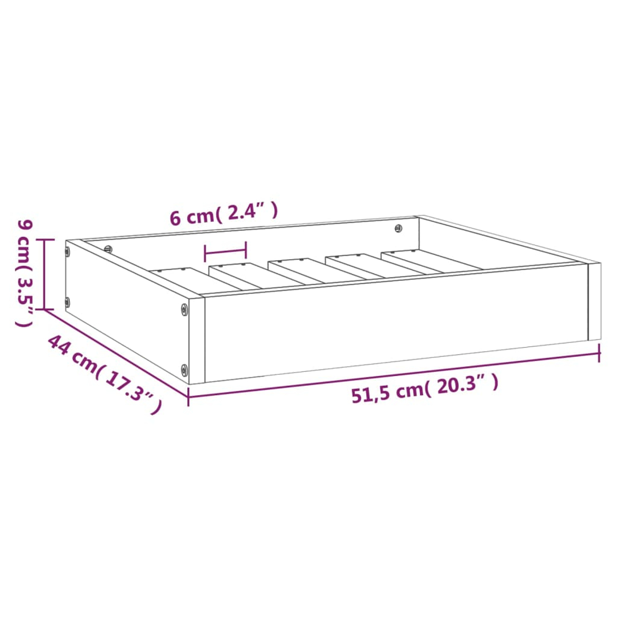 Ein Diagramm zeigt die Abmessungen einer weißen Schublade. Die Maße sind in cm und Zoll angegeben: 51,5 cm (20,3"), 44 cm (17,3"), 9 cm (3,5"), 6 cm (2,4").
