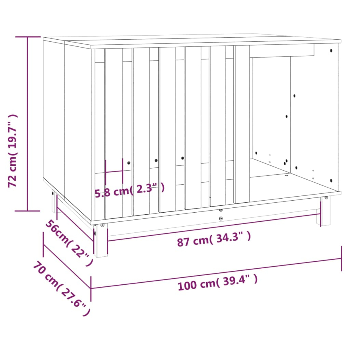 Diagramm eines Holzschranks mit Abmessungen in Zentimetern und Zoll. Es hat vertikale Lamellen und ein offenes Fach.