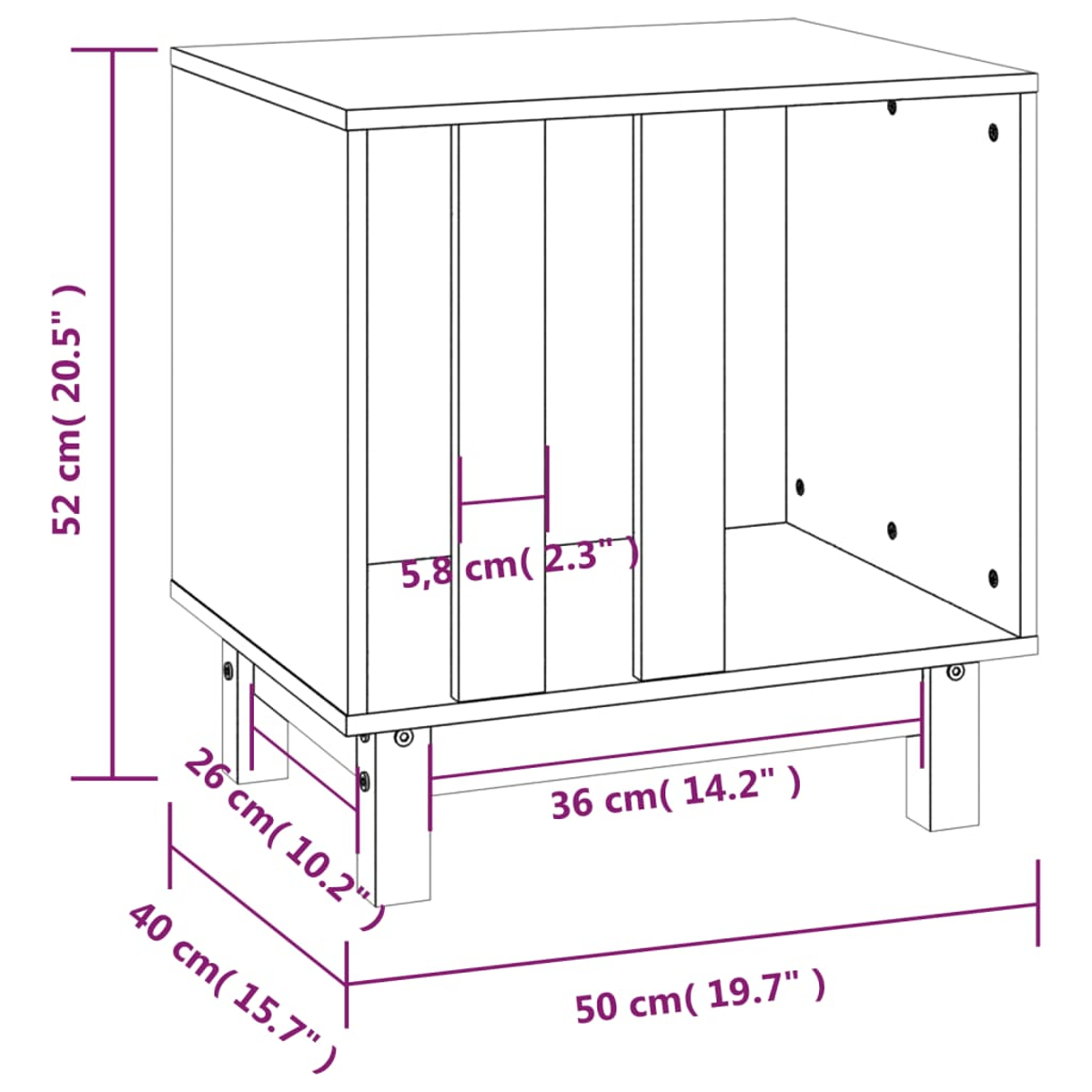 Ein weißer Schrank mit Maßangaben in cm und Zoll. Er hat eine rechteckige Form mit Innenteilern und Beinen.