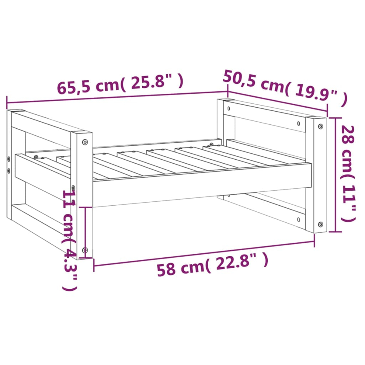 Ein weißer Holzbettenrahmen mit Abmessungen in cm und Zoll. Maße umfassen Länge, Breite und Höhe.