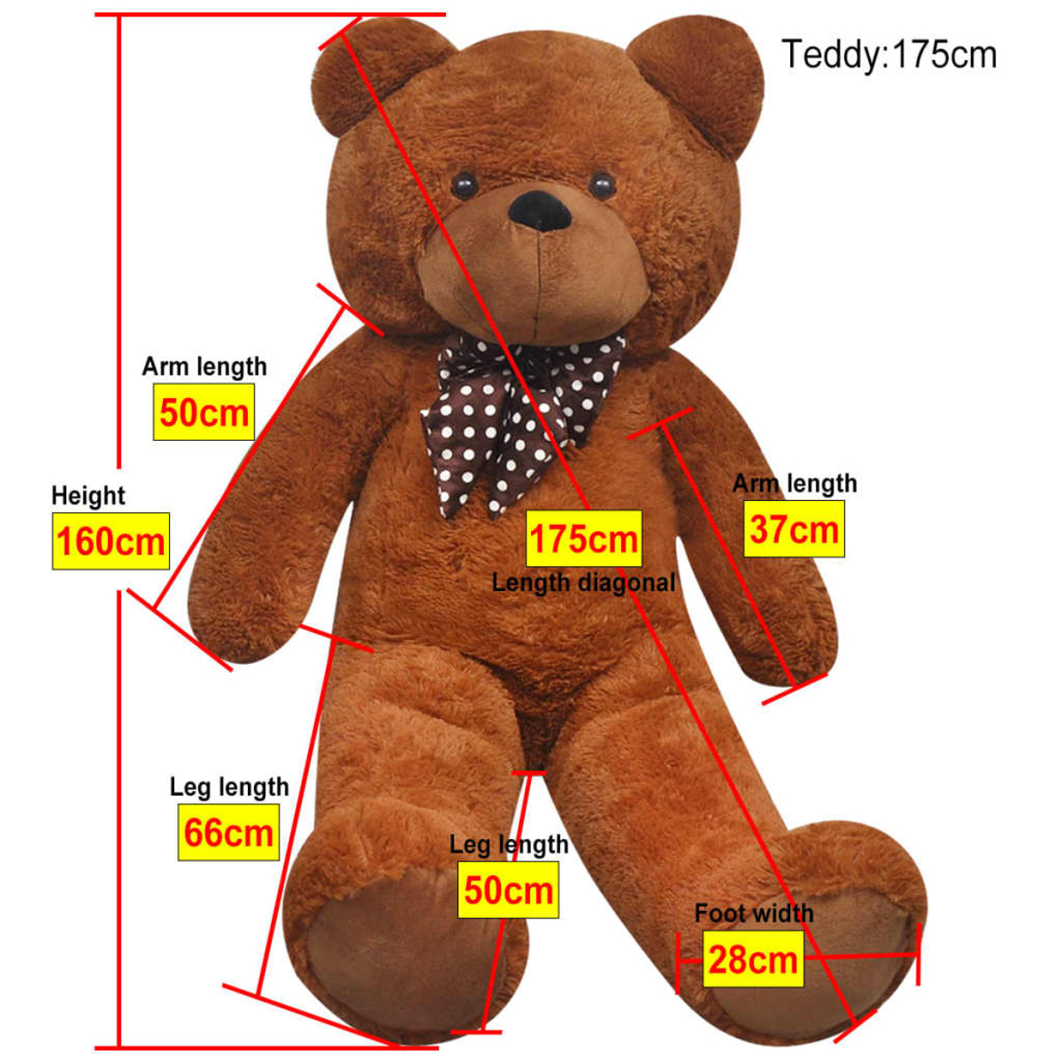 Ein großer brauner Teddybär mit Fliege. Maße: Höhe 160 cm, diagonale Länge 175 cm. Armlänge 50 cm & 37 cm, Beinlänge 66 cm & 50 cm.