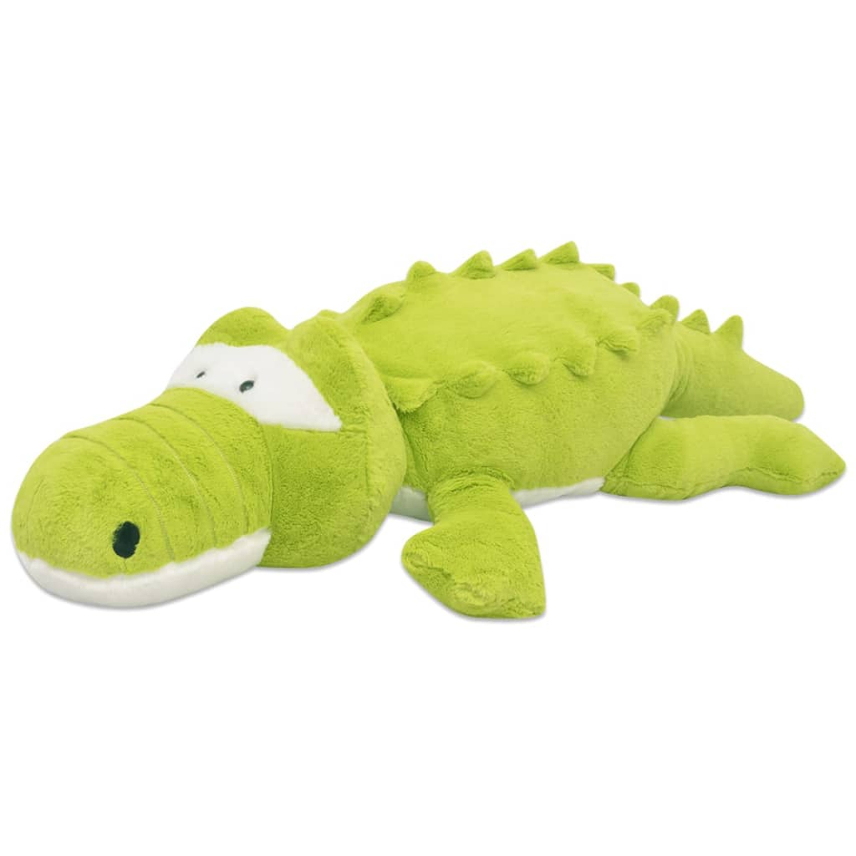 Ein großes, grünes Plüsch-Alligator liegt auf weißem Hintergrund. Es hat einen weißen Bauch, weiße Augenklappen und schwarze Augen.