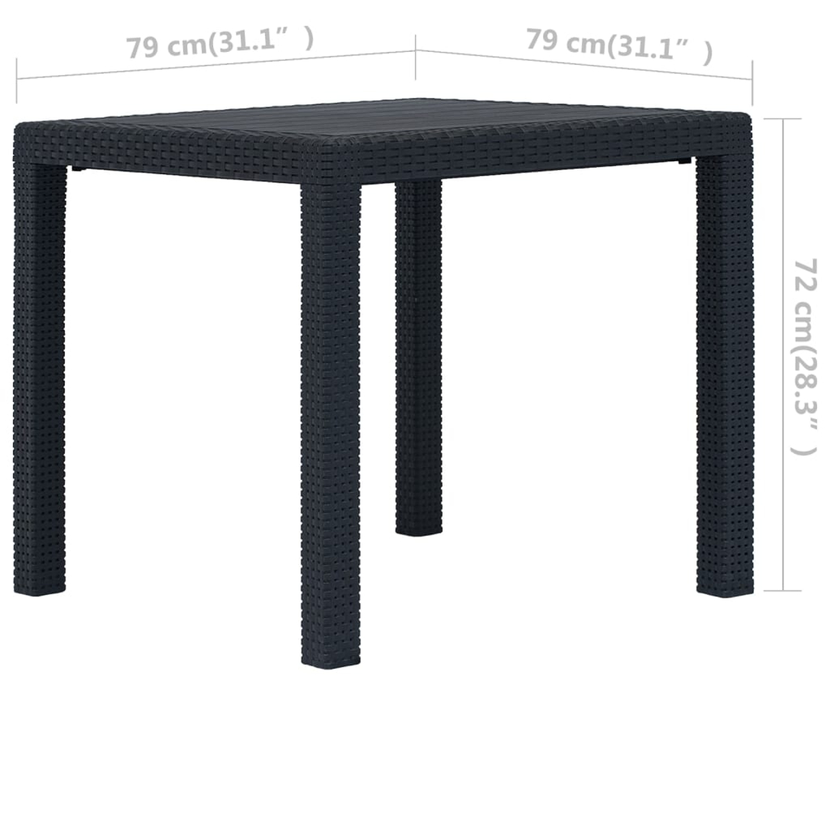 Ein quadratischer, dunkelgrauer Tisch mit vier Beinen. Die Abmessungen sind mit 79 cm x 79 cm und 72 cm Höhe angegeben.
