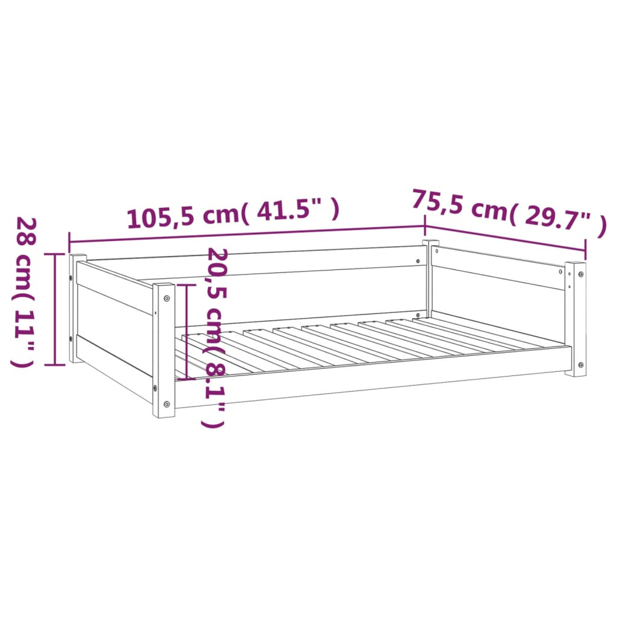 Strichzeichnung eines Holzbetts mit Maßangaben: 105,5 cm, 75,5 cm, 28 cm und 20,5 cm. Das Bett hat Latten.