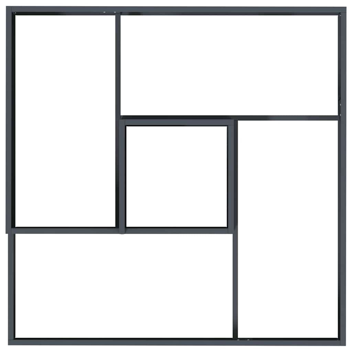 Una cornice quadrata segmentata con bordi grigio scuro divide lo spazio in cinque rettangoli bianchi irregolari.