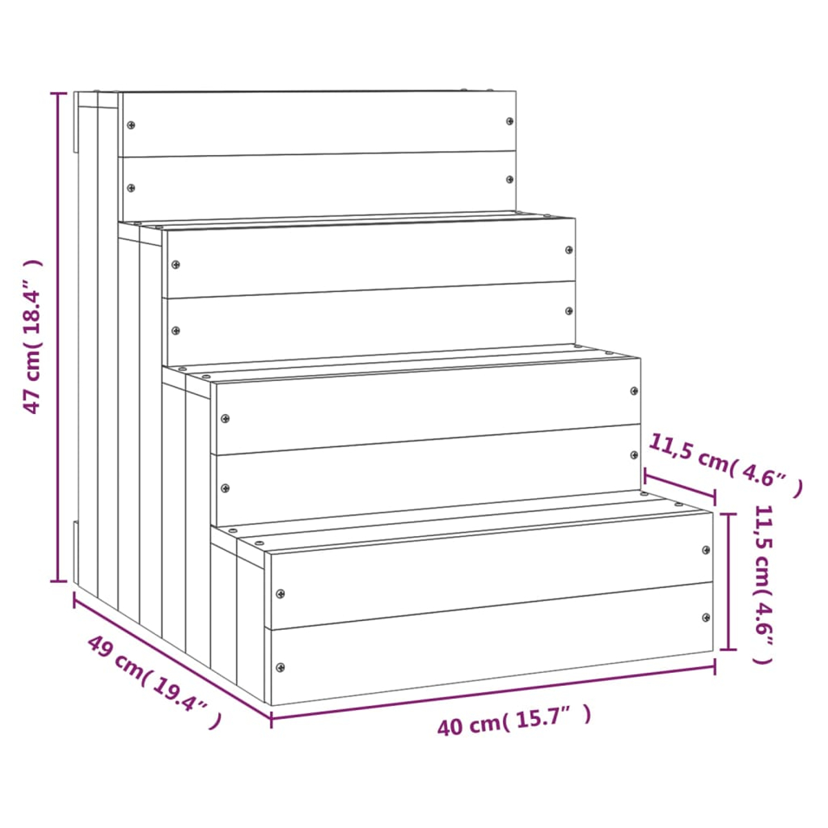 Eine Holztreppe mit drei Stufen. Abmessungen sind beschriftet: 47 cm Höhe, 49 cm Breite, 40 cm Tiefe und 11,5 cm Stufenhöhe.