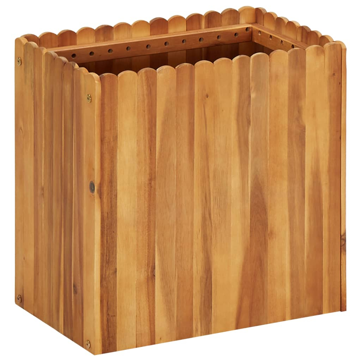 Holzpflanzkasten mit gewelltem oberen Rand, aus vertikalen Holzlatten, natürliche Holzfarbe.