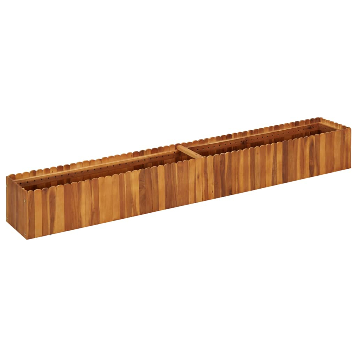 Ein langer, rechteckiger Holzpflanzer. Der Pflanzer besteht aus vertikalen Holzlatten mit einem gezahnten Rand und hellbrauner Farbe.