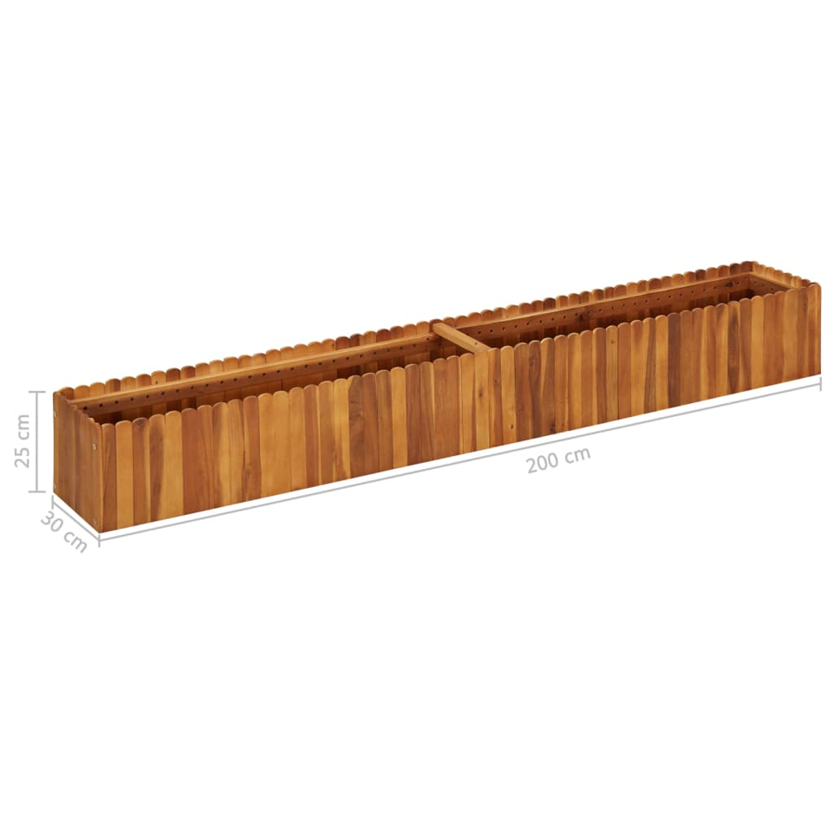 Ein langer, rechteckiger Holzpflanzer. Er ist braun und hat die angegebenen Maße: 200 cm lang, 25 cm hoch und 30 cm breit.