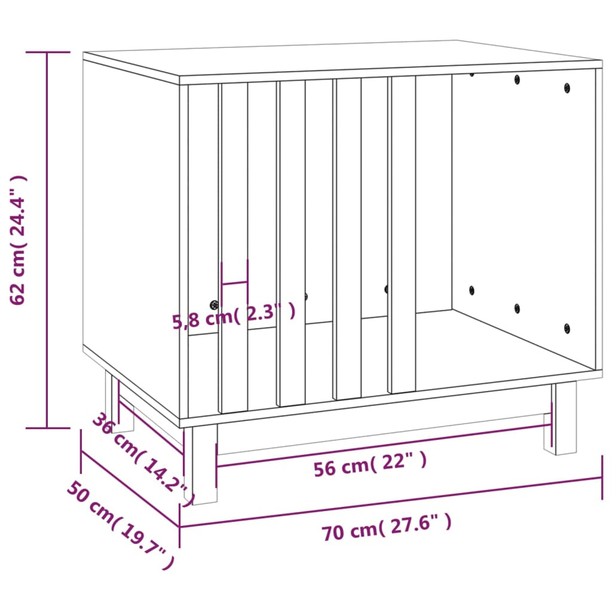 Ein weißer Holzschrank mit beschrifteten Abmessungen. Enthält vertikale Lamellen, offene Rückseite und Messungen wie 62 cm, 70 cm und 56 cm.