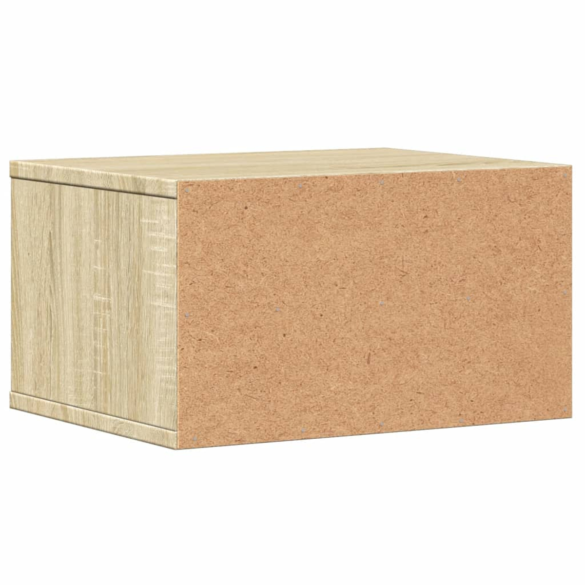 Ein Holzschrank, hellbraun. Die linke Seite hat Holzmaserung, die rechte Seite ist flach, strukturiert braun. Oben und unten sind hellbraun.