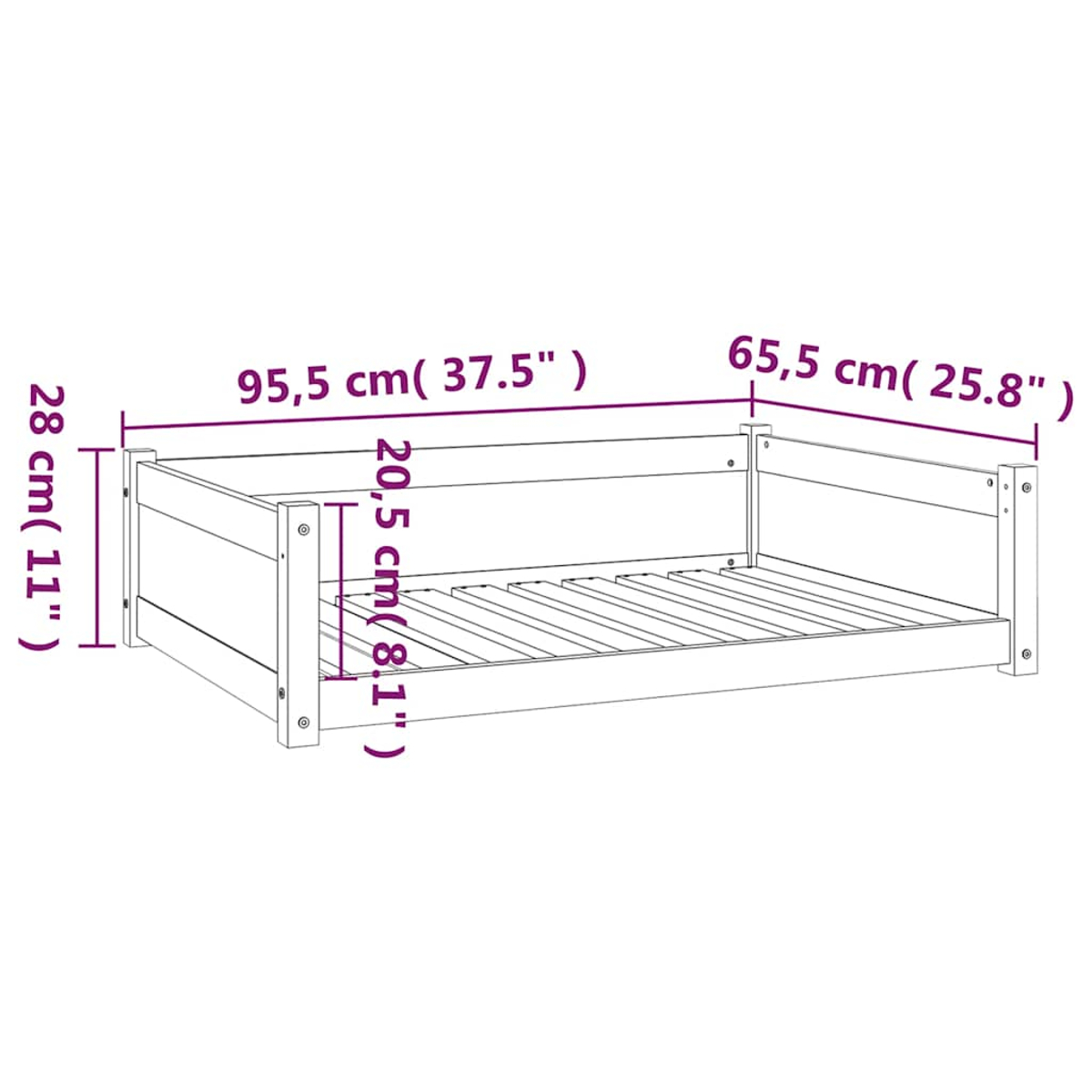 Ein Holzbettrahmen mit den Maßen: 95,5 cm lang, 65,5 cm breit und 28 cm hoch. Die Bettenseite ist 20,5 cm hoch.