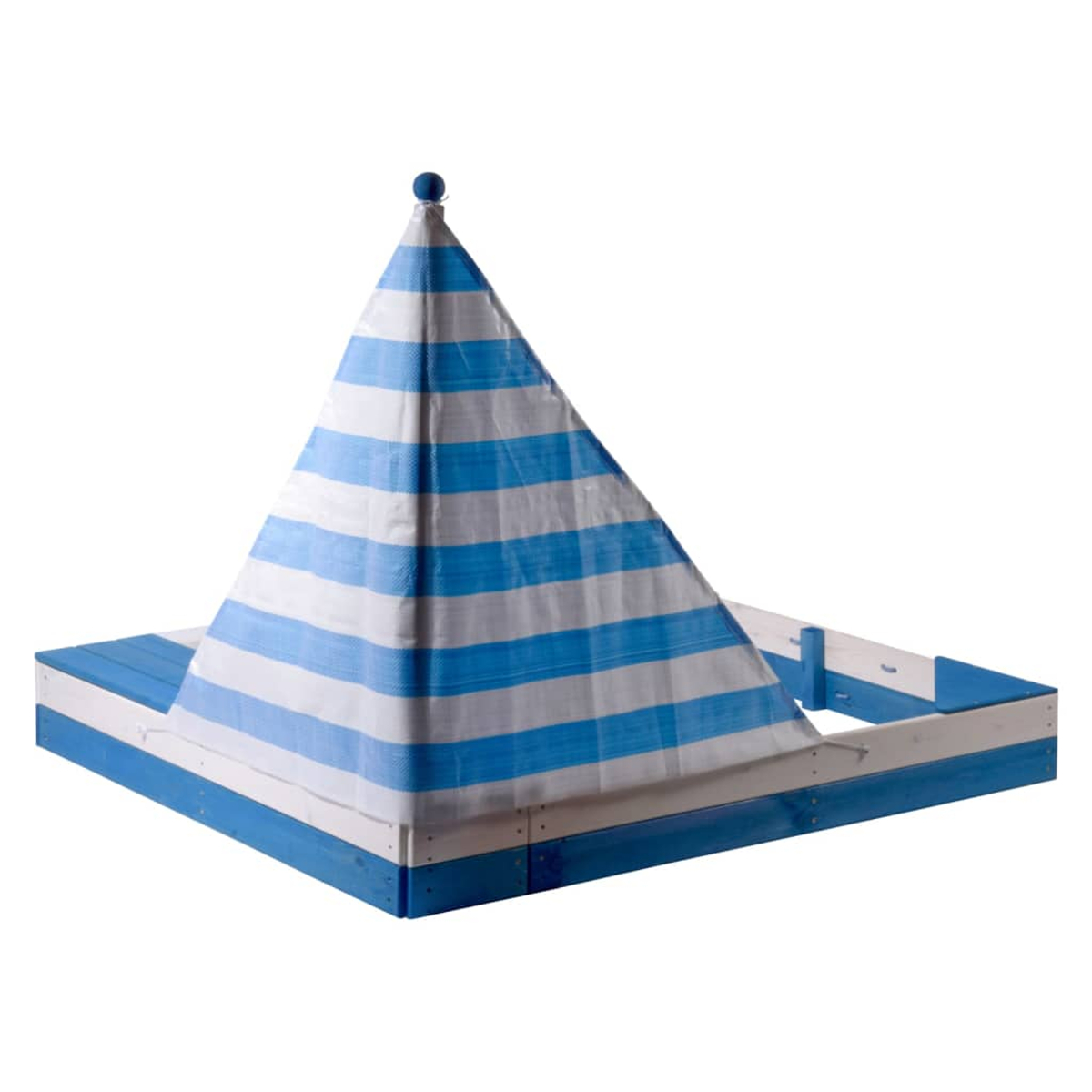 Ein Sandkasten mit einem blau-weiß gestreiften Baldachin. Der Sandkasten ist quadratisch mit einem blau-weiß gestrichenen Holzrahmen.