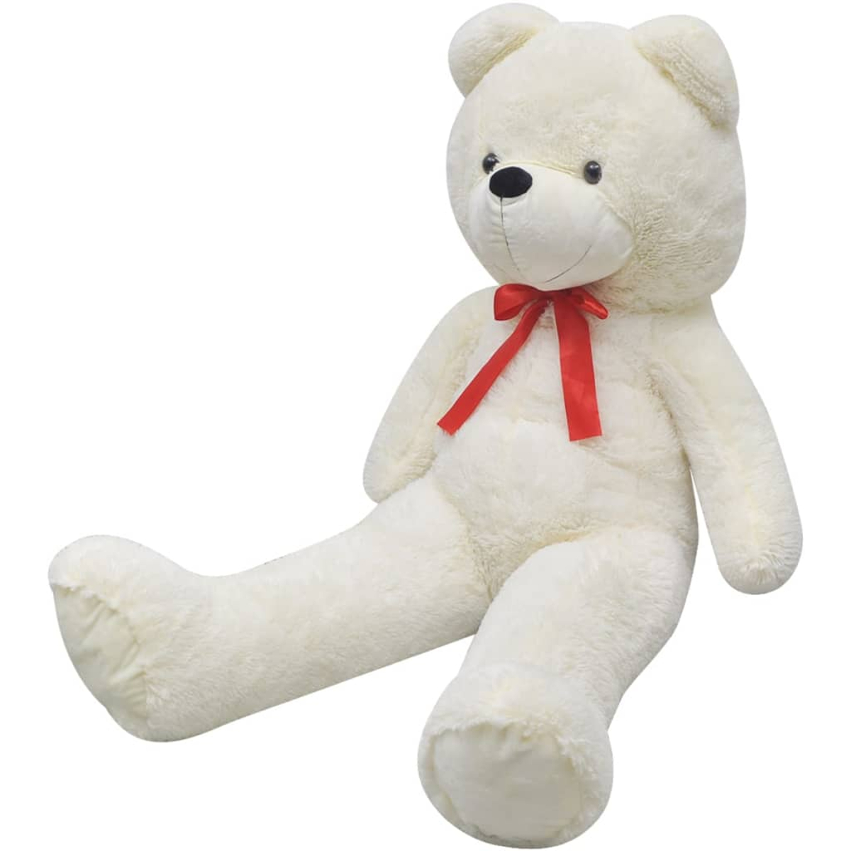 Ein großer weißer Teddybär mit roter Schleife sitzt vor weißem Hintergrund.