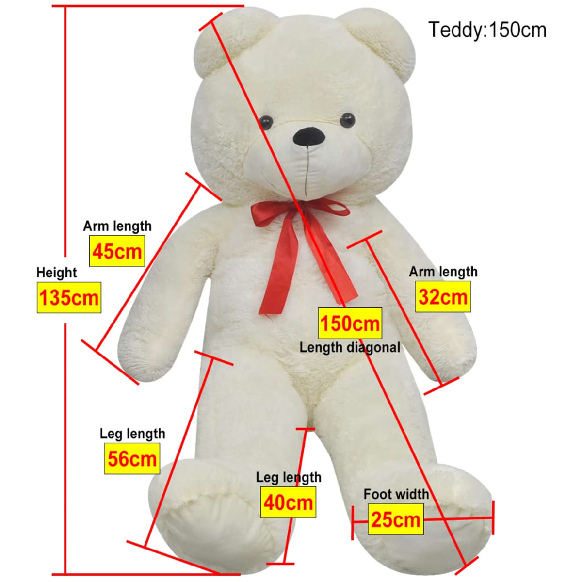 Ein großer, cremefarbener Teddybär mit roter Schleife. Abmessungen: Höhe 135 cm, diagonale Länge 150 cm, Armlängen 45/32 cm, Beinlagen 56/40 cm.