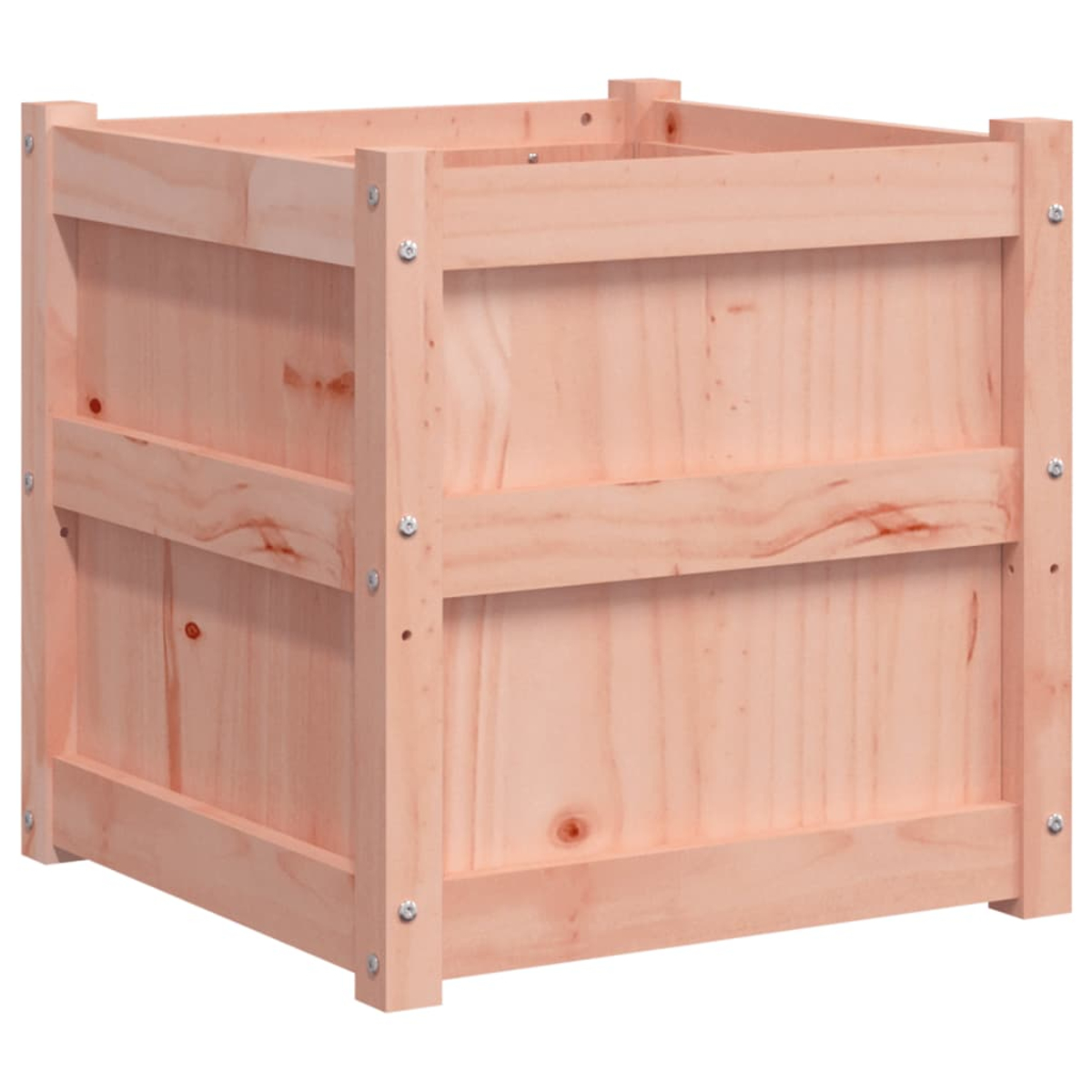 Eine Holzkiste mit sichtbarer Holzmaserung. Konstruiert aus vertikalen Brettern und horizontalen Stützen, die durch Schrauben gehalten werden.
