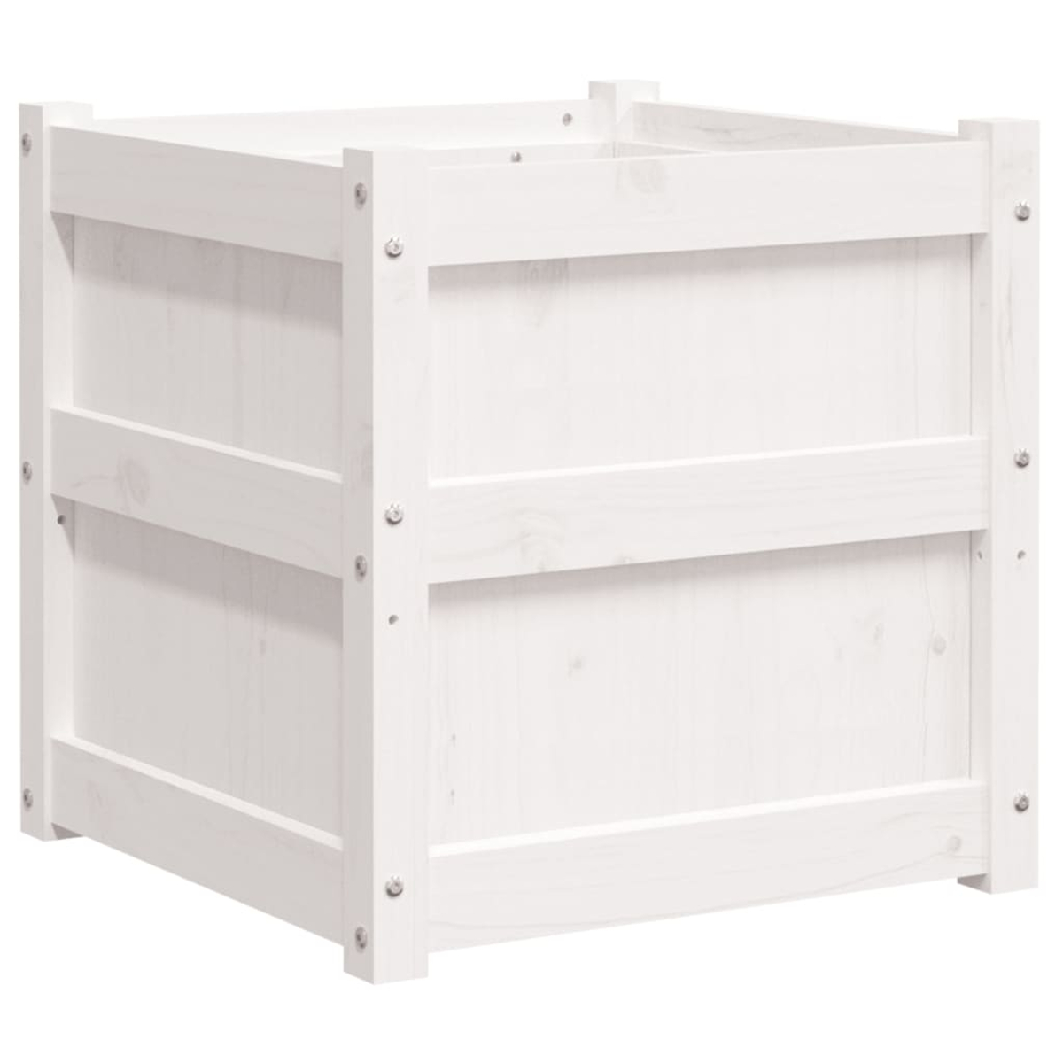 Eine weiße quadratische Holzkiste mit horizontalen und vertikalen Brettern. Sie ist leer. Die Kiste ist aus Holz und hat Schrauben.