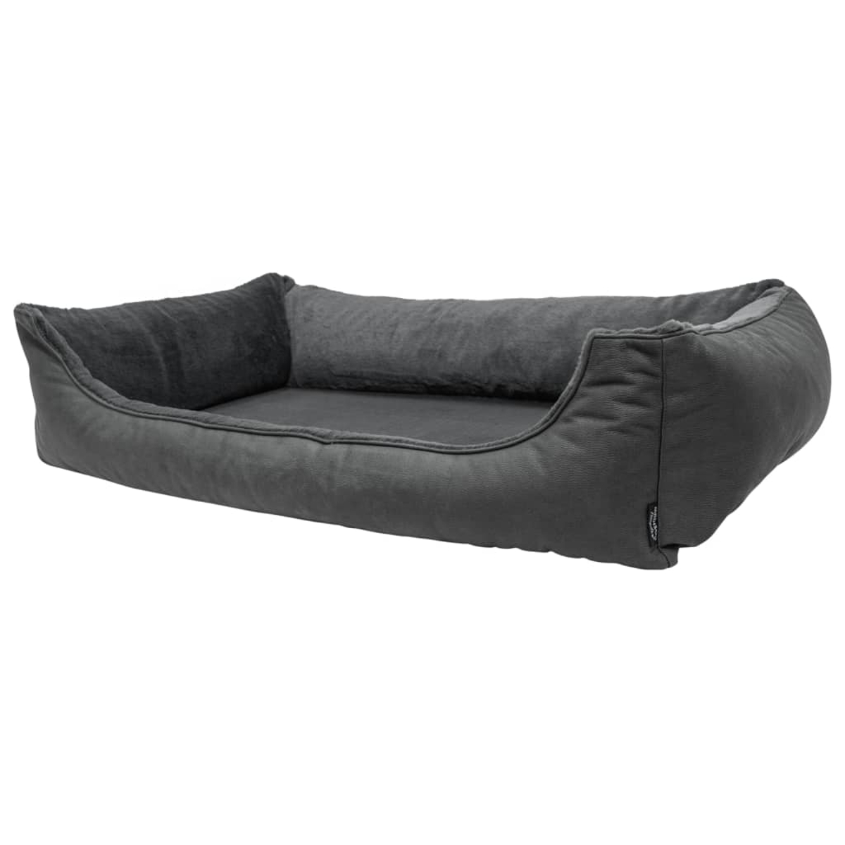 Ein graues Hundebett mit erhöhten Seiten und einem Plüschinnenraum. Das Bett ist leer und steht vor weißem Hintergrund.