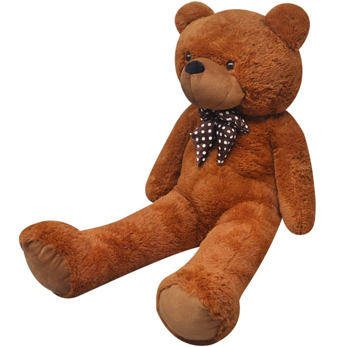 Ein großer, brauner Teddybär mit einer gepunkteten Schleife sitzt mit ausgestreckten Beinen. Der Hintergrund ist weiß.
