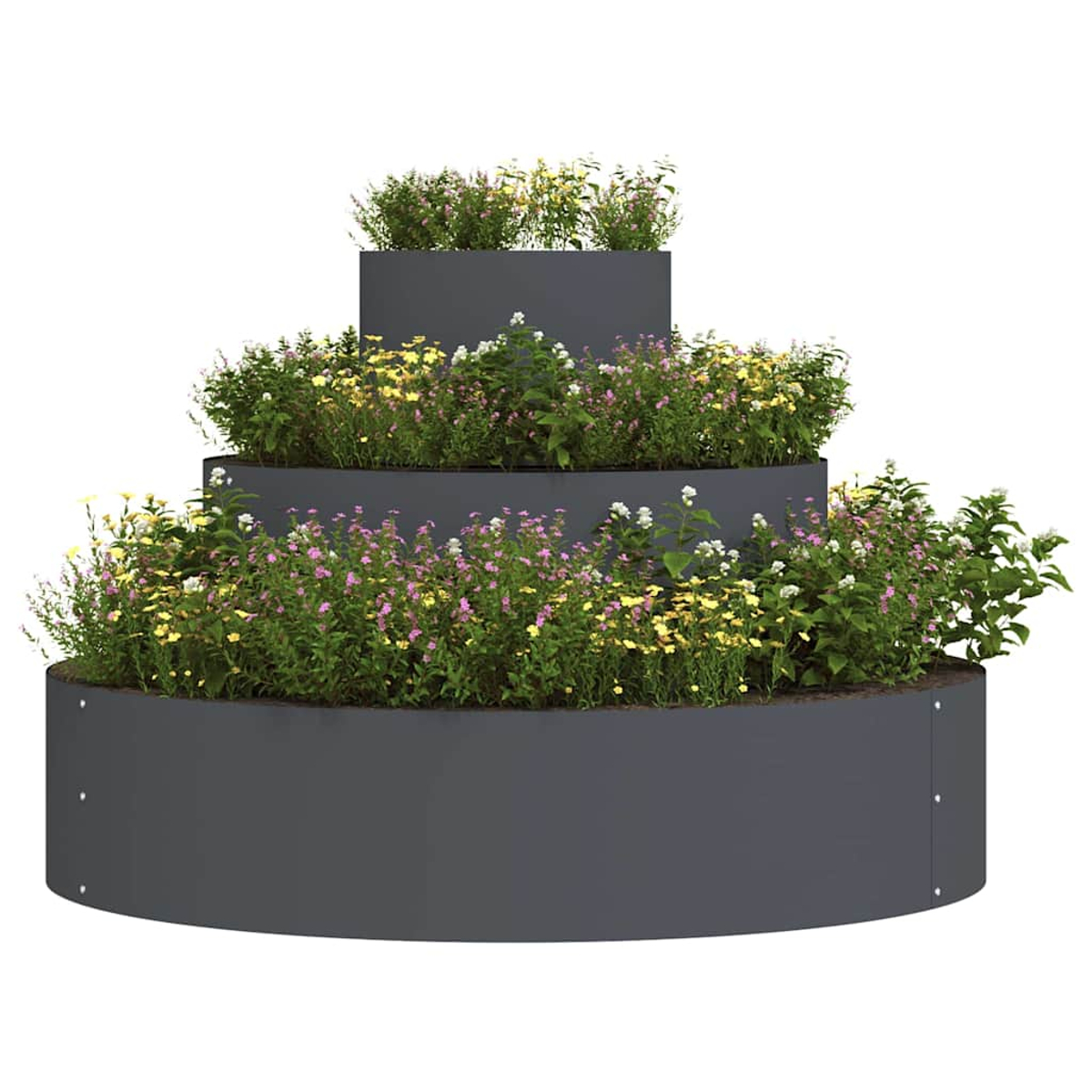 Ein mehrstufiger Pflanzkübel mit drei Ebenen, gefüllt mit bunten Blumen und grünen Pflanzen. Der Pflanzkübel ist grau, vor weißem Hintergrund.