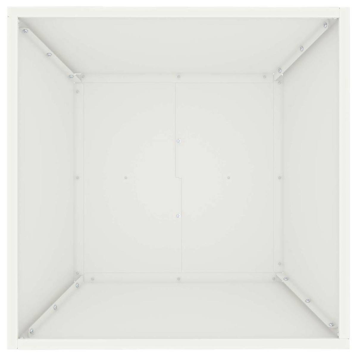 Vista dall'alto di una scatola quadrata bianca. Ha un interno bianco. Le viti fissano i pannelli. La scatola è su una superficie bianca.