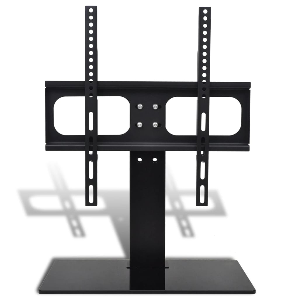 Ein schwarzer TV-Ständer mit vertikalen Halterungen, einer horizontalen Stütze und einem rechteckigen Sockel, der einen Schatten wirft.