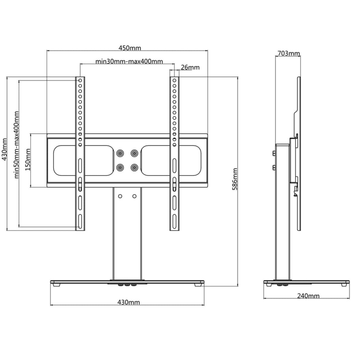 Diagramm eines TV-Ständers mit Maßen in Millimetern. Vorder- und Seitenansichten zeigen Messungen von Höhe, Breite und Tiefe.