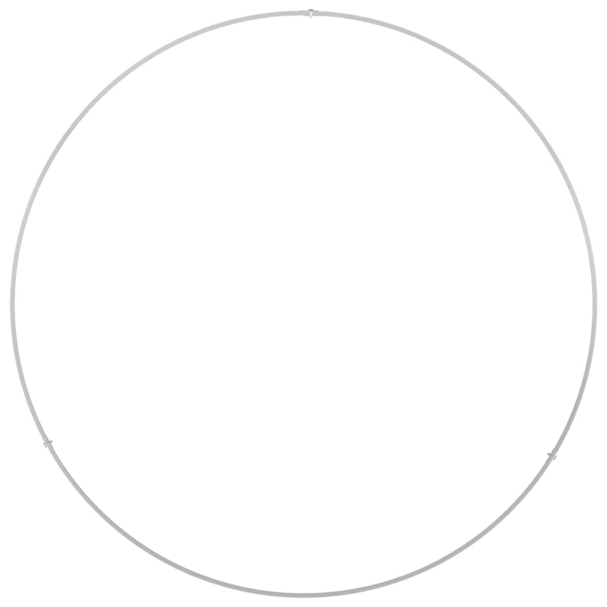 Un cerchio di metallo argentato, forse un telaio ad arco, è centrato su uno sfondo bianco. Il cerchio è completo con tre punti di connessione.