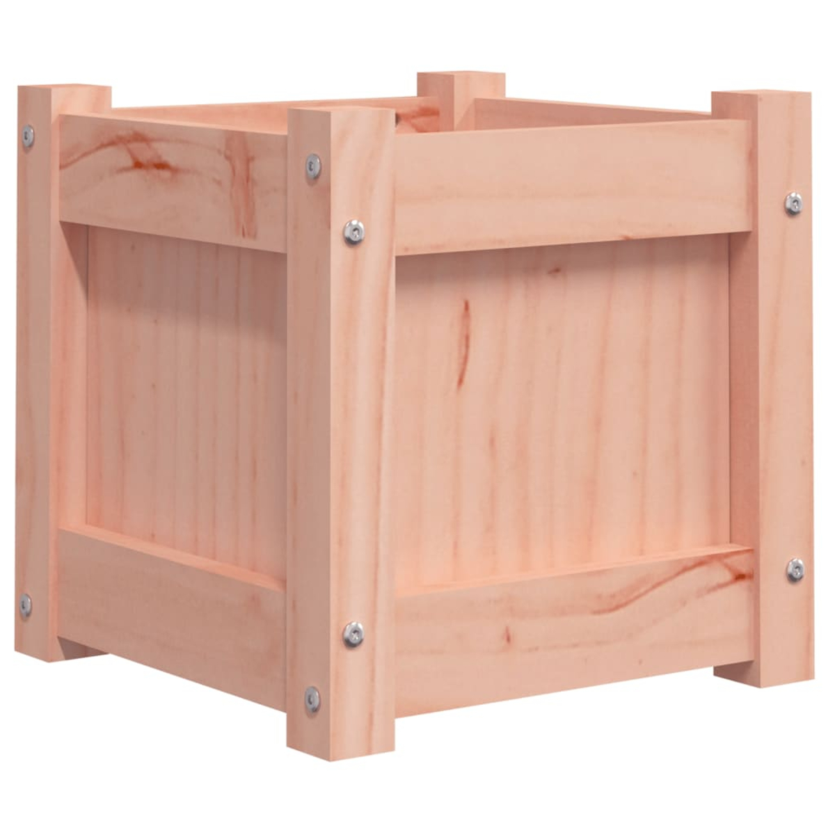 Eine hellbraune Holzkiste mit sichtbarer Holzmaserung. Sie ist quadratisch und mit Schrauben zusammengehalten. Die Kiste ist leer.