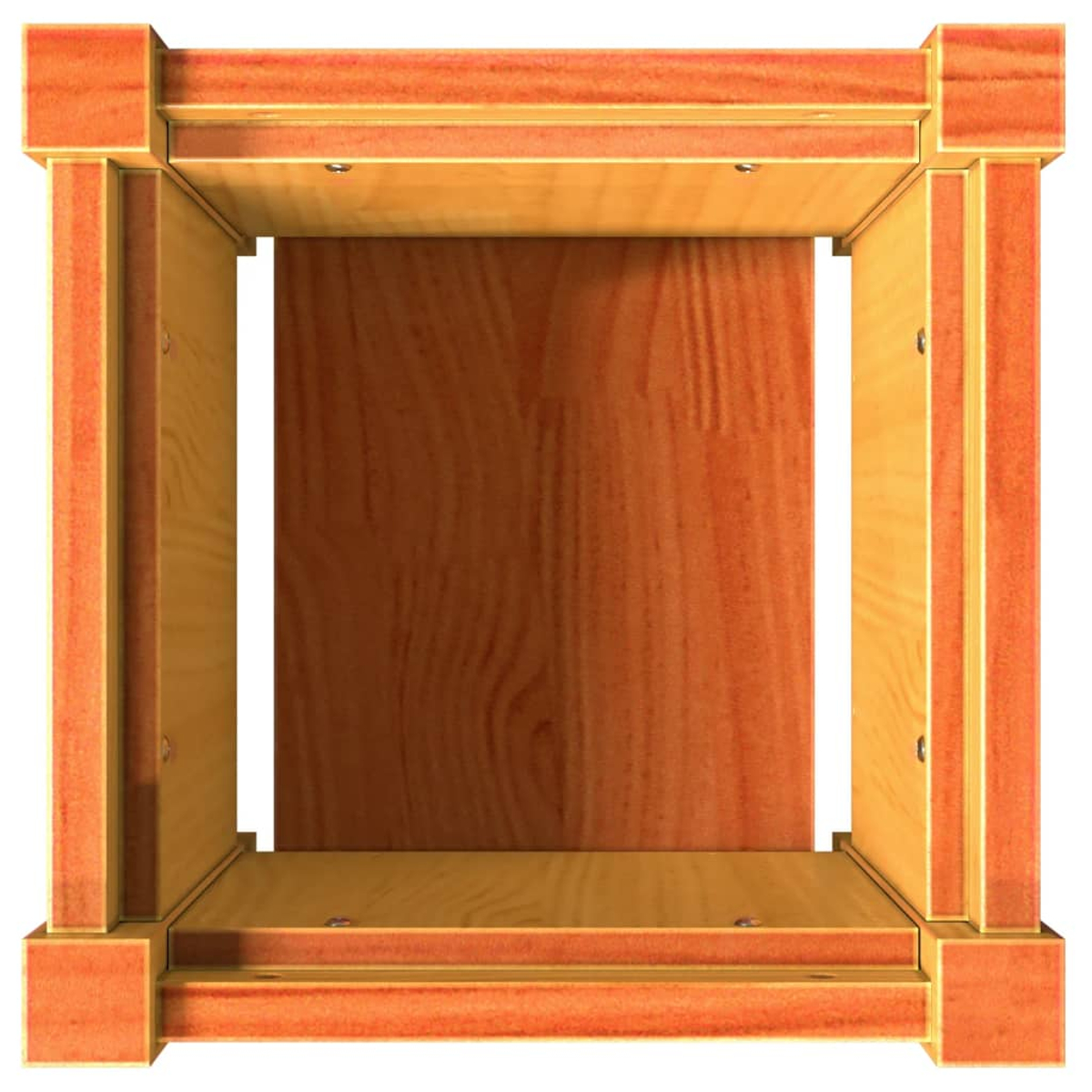 Ein Holzrahmen mit braunem Innenraum und hellerer Holzaußenseite. Der Rahmen ist quadratisch mit sichtbarer Holzmaserung.
