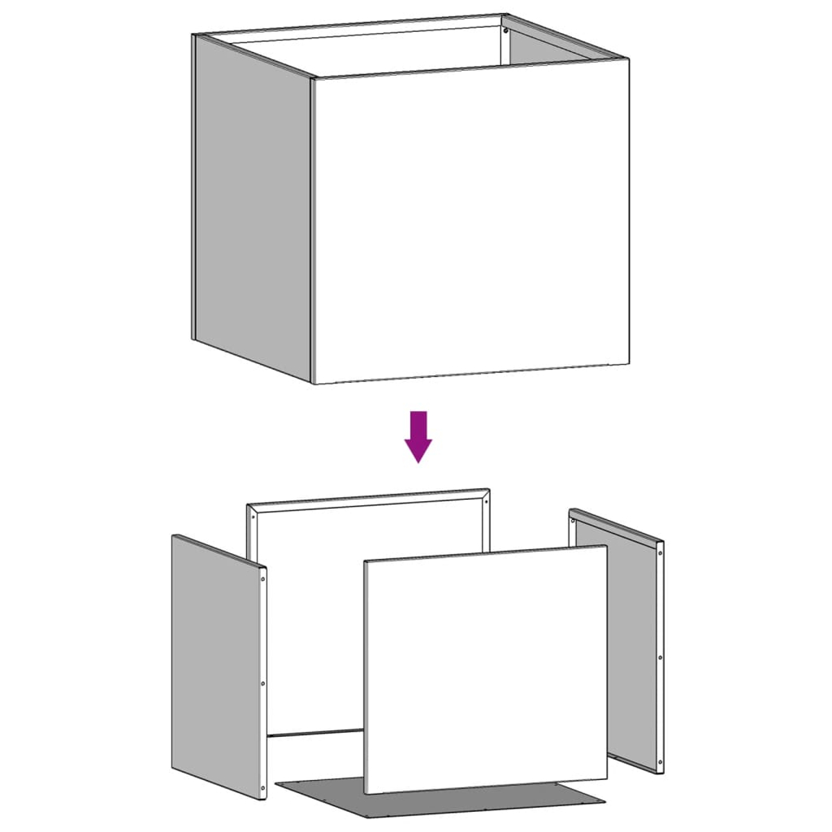 Ein auseinandergebauter Karton. Obere Box ist oben. Unten sind Seiten und Boden getrennt dargestellt. Ein Pfeil zeigt den Aufbau.