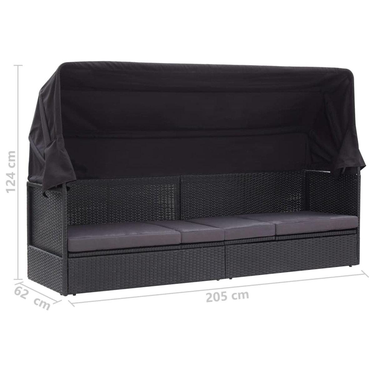 Schwarzes Outdoor-Sofa aus Korbgeflecht mit Baldachin. Es hat drei Sitzkissen und ein schwarzes Verdeck. Abmessungen: 124 cm x 205 cm x 62 cm.
