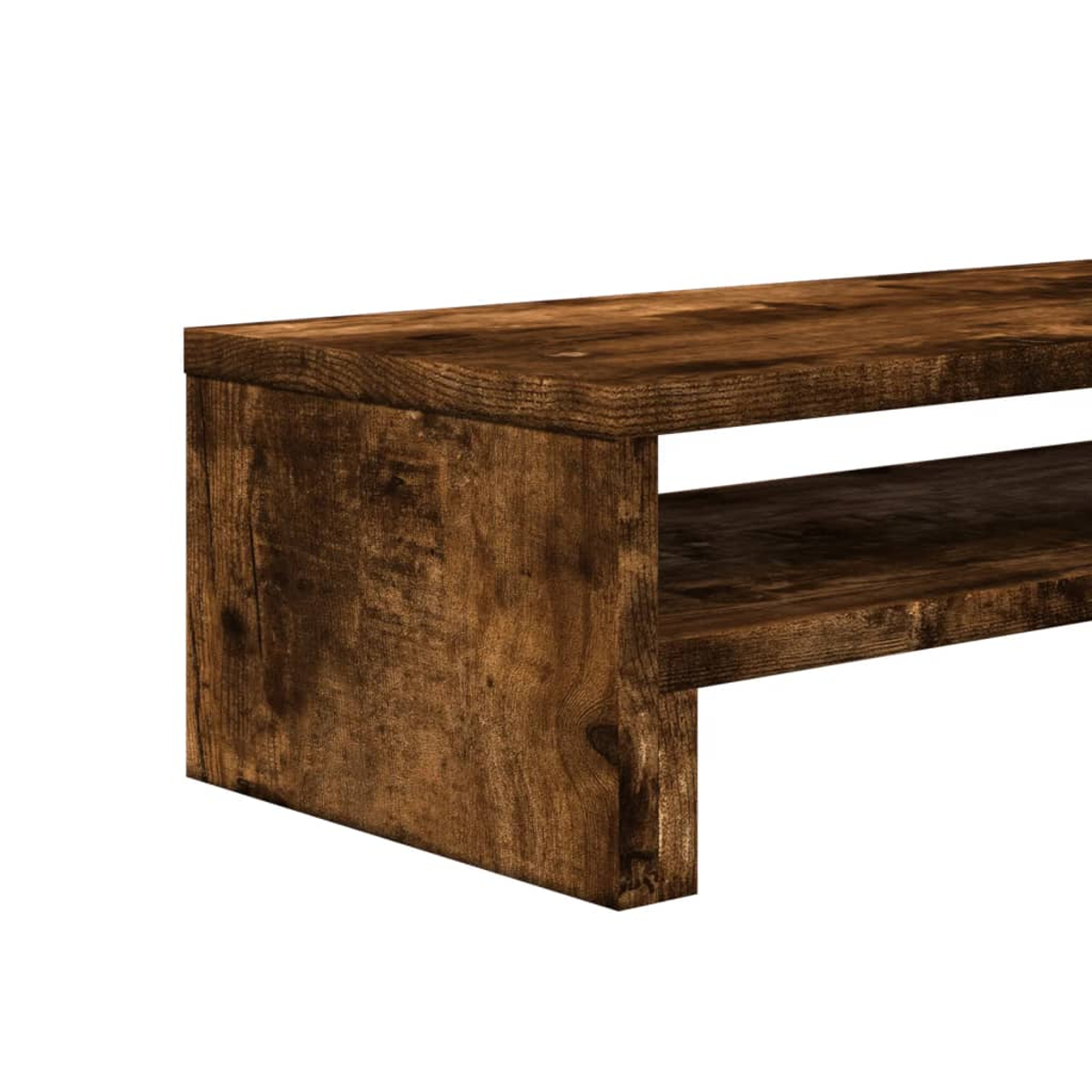 Nahaufnahme eines braunen Holzregals mit zwei Ebenen. Das Holz hat sichtbare Maserung und ein rustikales Aussehen, vor weißem Hintergrund.