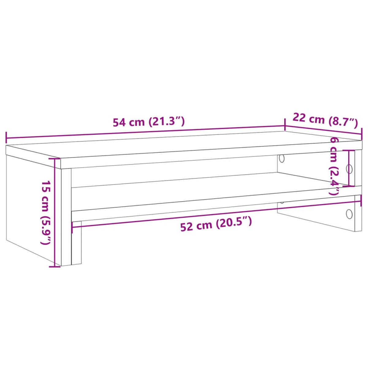 Ein weißer Holztisch mit den Maßen: 54 cm x 22 cm x 15 cm. Er hat ein Regal darunter und steht vor einem weißen Hintergrund.