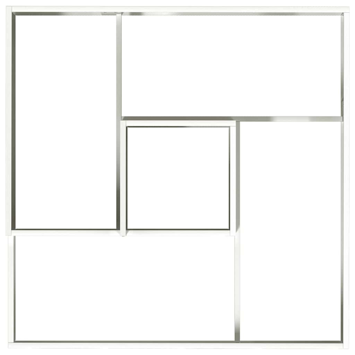 Un quadrato bianco diviso in sezioni da linee grigie. Le sezioni variano di dimensione, simile a un design geometrico o un telaio finestra.