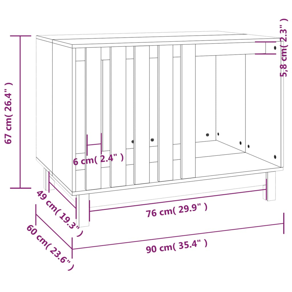 Ein Diagramm zeigt einen Holzschrank mit Abmessungen. Der Schrank hat eine rechteckige Form mit vertikalen Lamellen auf einer Seite.