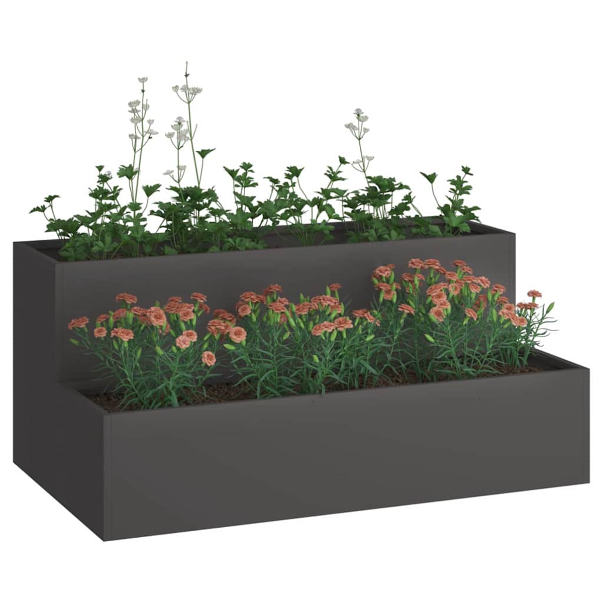 Una fioriera rettangolare a due livelli con fiori. Il livello superiore contiene fiori bianchi e fogliame verde, il livello inferiore ha fiori rosa.