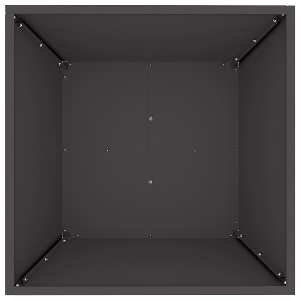Vista dall'alto di una scatola di metallo grigio scuro di forma quadrata. La scatola ha pannelli interni ed è assemblata con viti.