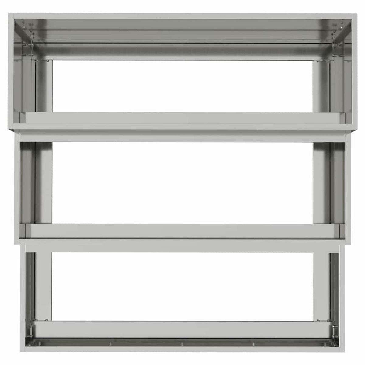 Una scaffalatura in acciaio inossidabile a tre livelli, con aperture rettangolari. L'unità è vuota, con sfondo bianco.