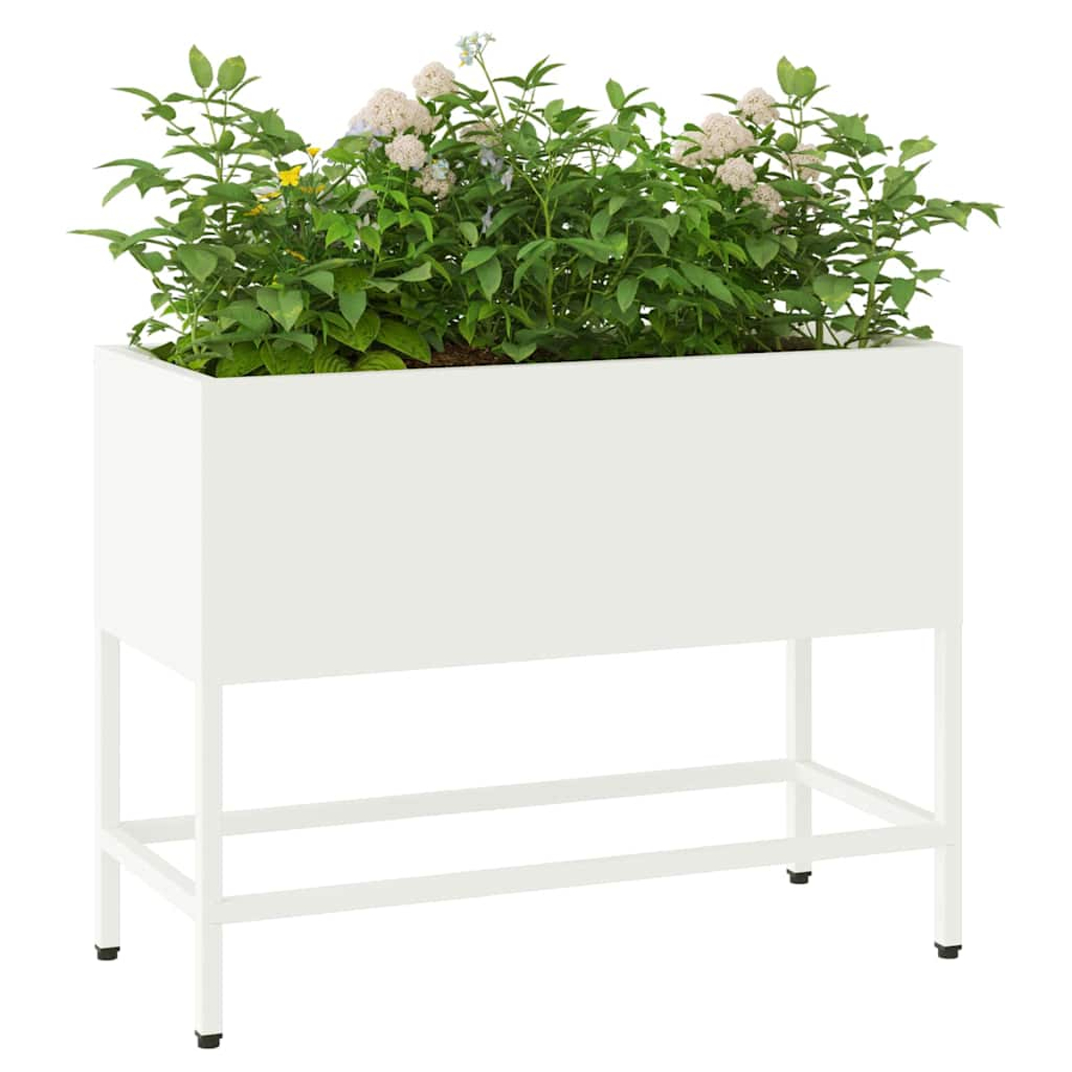 Una fioriera rettangolare bianca piena di piante verdi e fiori bianchi, sostenuta da un telaio in metallo bianco su gambe.
