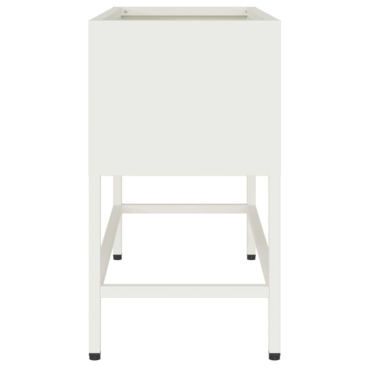 Fioriera rettangolare bianca su telaio in metallo bianco. Piedi neri. Design pulito. Stile minimalista.