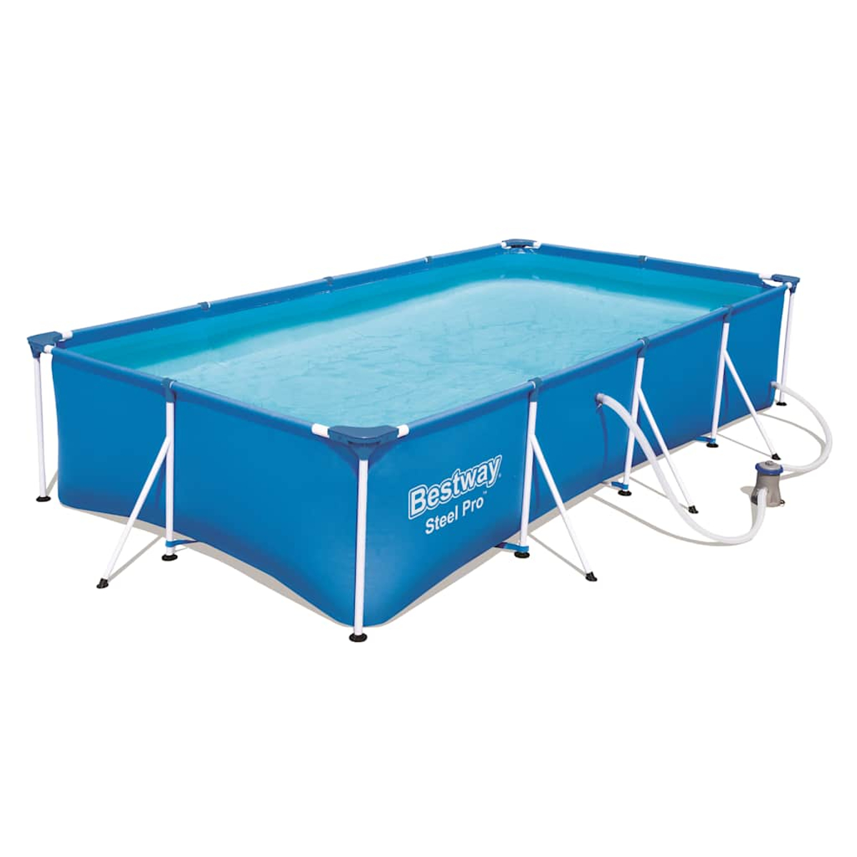 Rechteckiger Aufstellpool, blaue Auskleidung, weißer Rahmen, mit Wasser gefüllt. 'Bestway Steel Pro' Logo sichtbar. Schläuche und Pumpe befestigt.