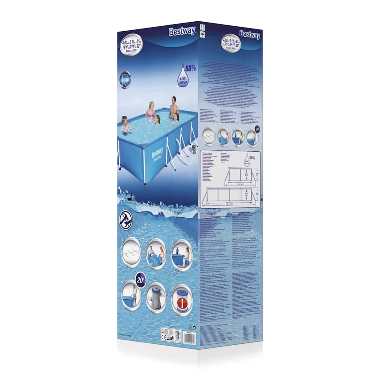 Ein Bestway-Poolkarton. Er zeigt einen blauen rechteckigen Pool mit Personen darin. Die Box zeigt Diagramme und Spezifikationen.