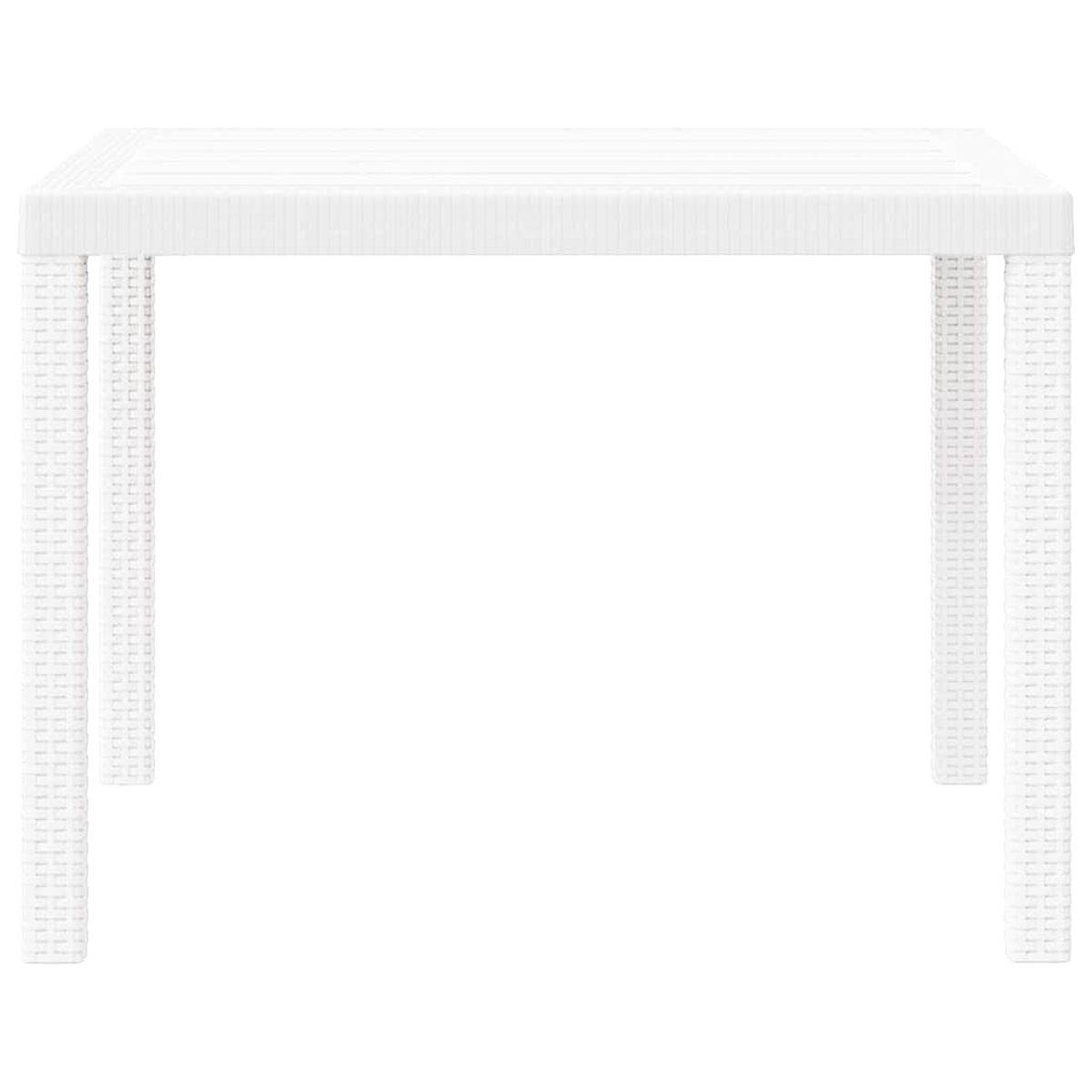 Ein weißer quadratischer Tisch mit vier Beinen. Der Tisch hat eine gewebte Textur an den Beinen und eine Lattenoberfläche. Der Hintergrund ist weiß.