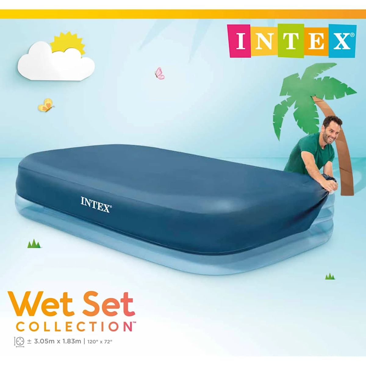 Basen Intex Wet Set. Mężczyzna ściąga pokrywę. Zawiera słońce, motyle, palmę i logo Intex.