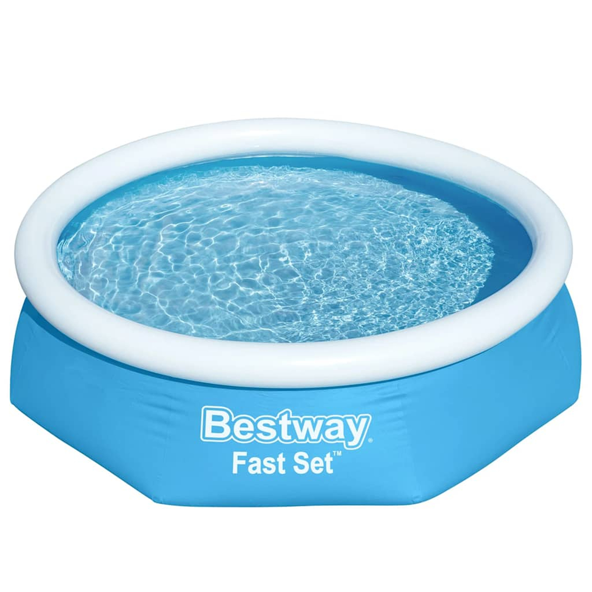 Ein blaues Bestway Fast Set aufblasbares Becken, gefüllt mit klarem Wasser.
