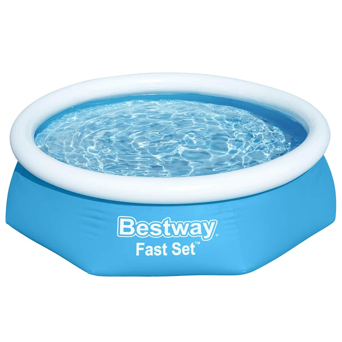 Ein blaues Bestway Fast Set-Becken mit weißem Rand, gefüllt mit wellenförmigem Wasser. Das Becken steht vor weißem Hintergrund.