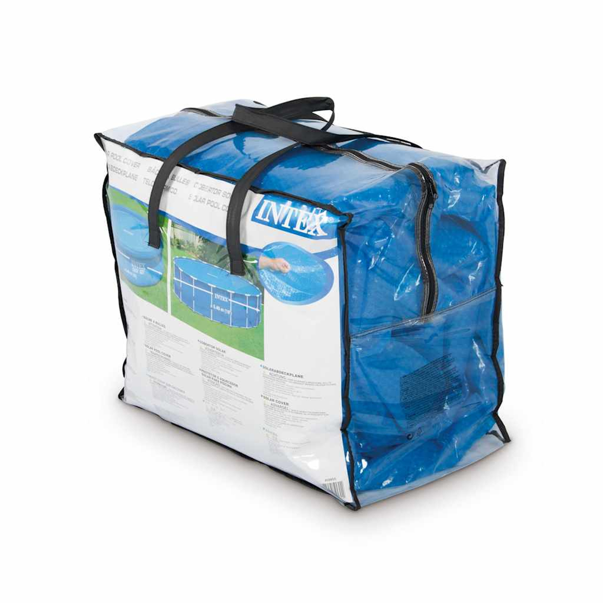 Eine blaue Intex-Poolabdeckungs-Tasche mit schwarzen Griffen und einem Reißverschluss. Die Tasche enthält eine Poolabdeckung und Produktinformationen.