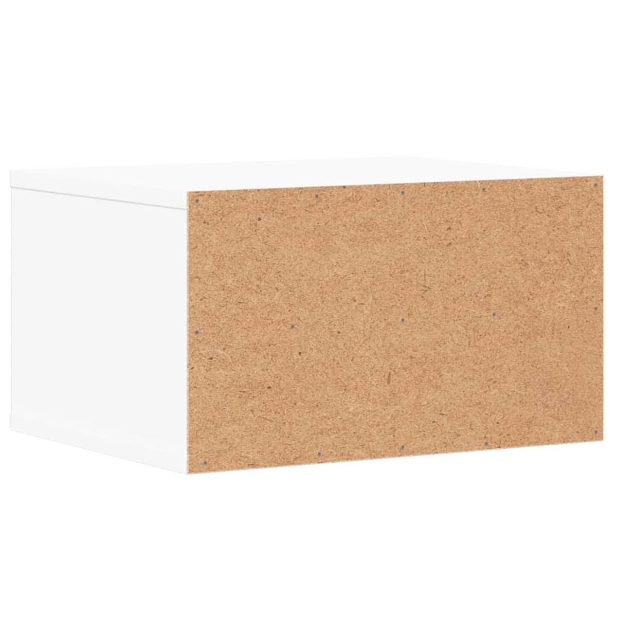 Ein weißer Schrank mit einer braunen Spanplattenrückwand. Die Rückseite ist mit kleinen, silbernen Nägeln befestigt.
