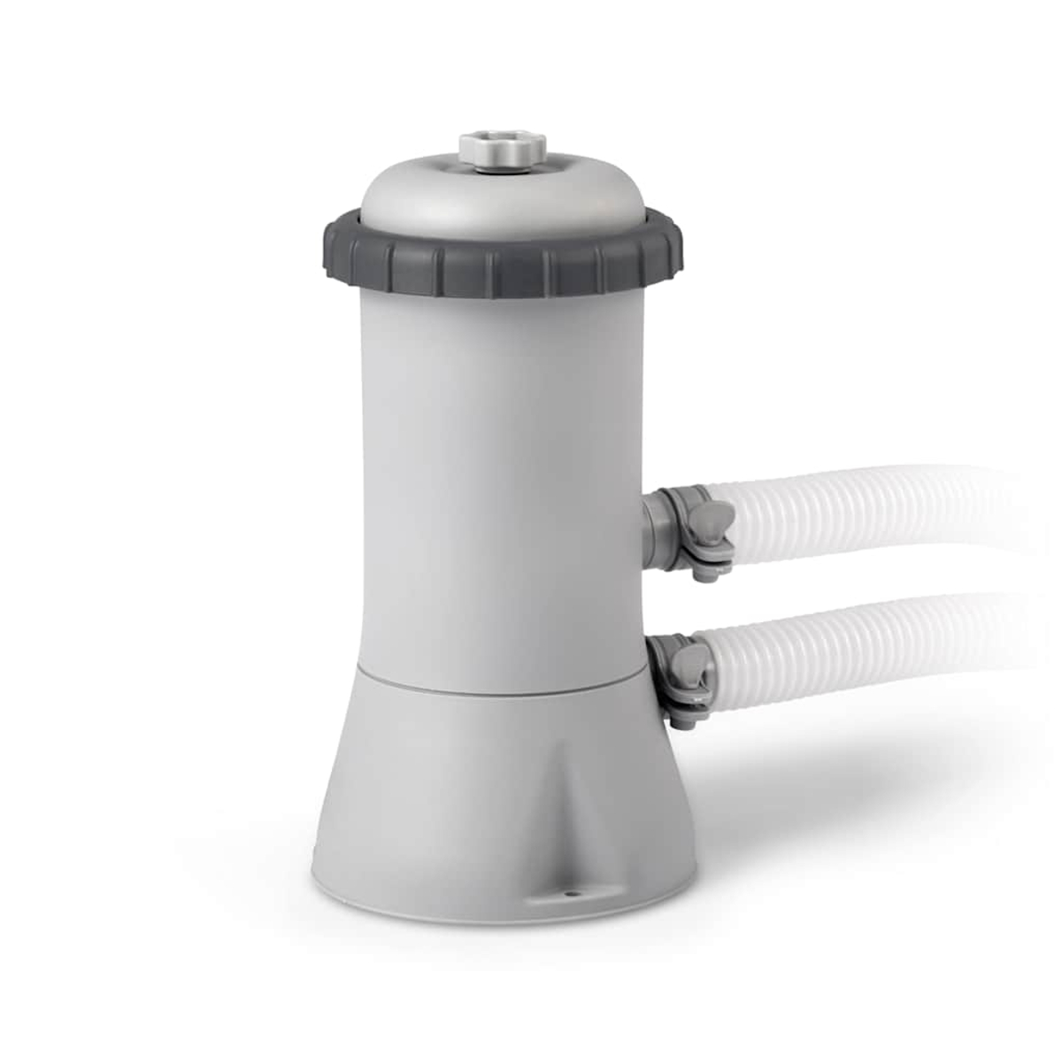 Ein grauer Poolfilter mit zwei weißen Schläuchen. Er hat eine zylindrische Form und steht auf weißem Hintergrund.
